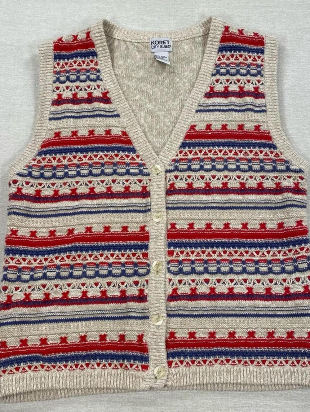 VTG Koret Knit Sweater Vest USA RWB red white blue beige knit texture button
